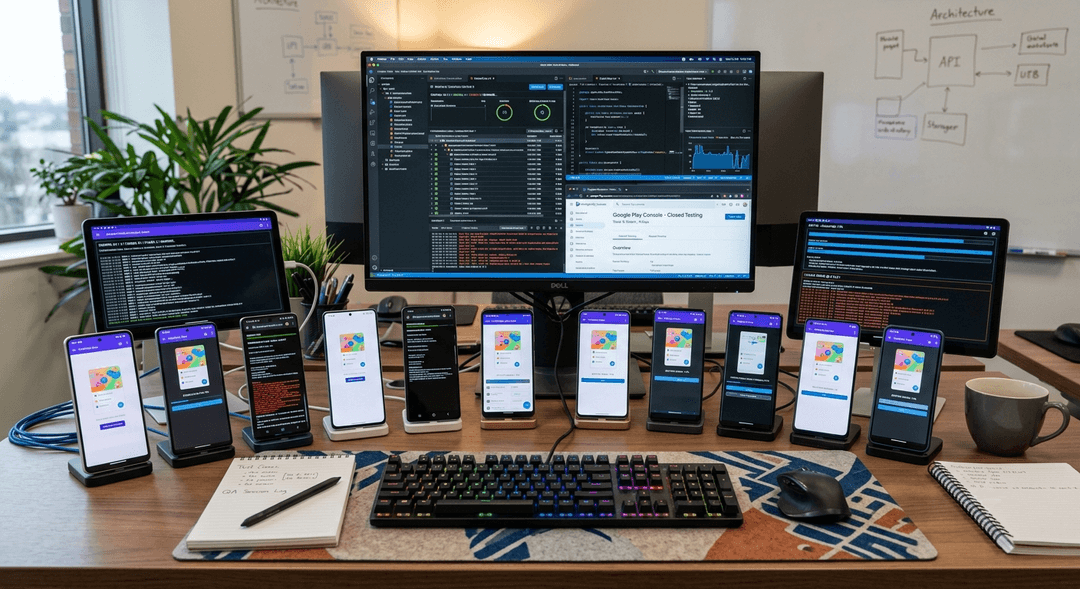 Diverse Android mobile smartphones and tablets organized on a workstation executing application checks.
