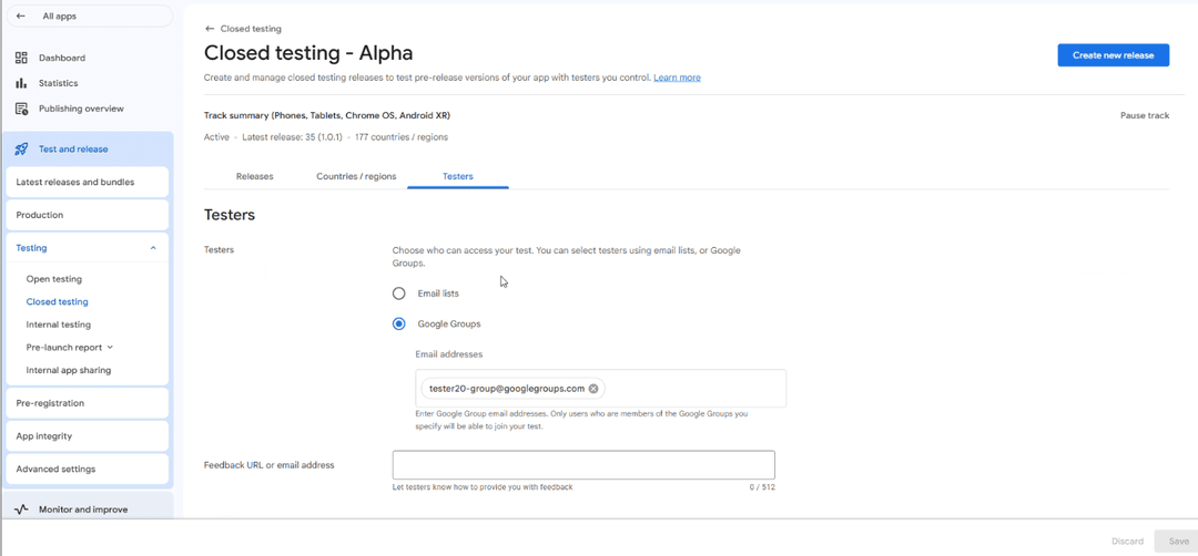 Google Play Console inner management system showing release tracks setup and open versus closed testing list tabs.